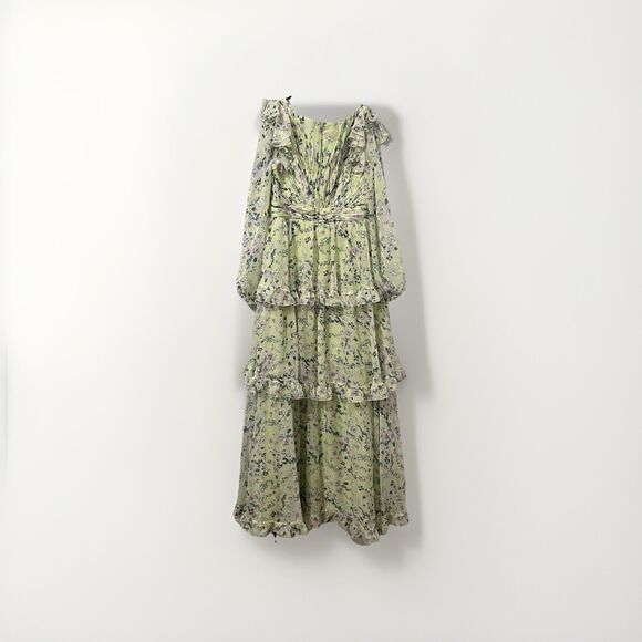 $598 Mac Duggal Size 12 Floral Chiffon Tiered Ruffle Puff Sleeve Gown - See flaw - Picture 5 of 7